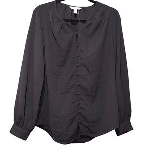 Nine West Black Ruffled Mandarin Collar Button Blouse NWOT